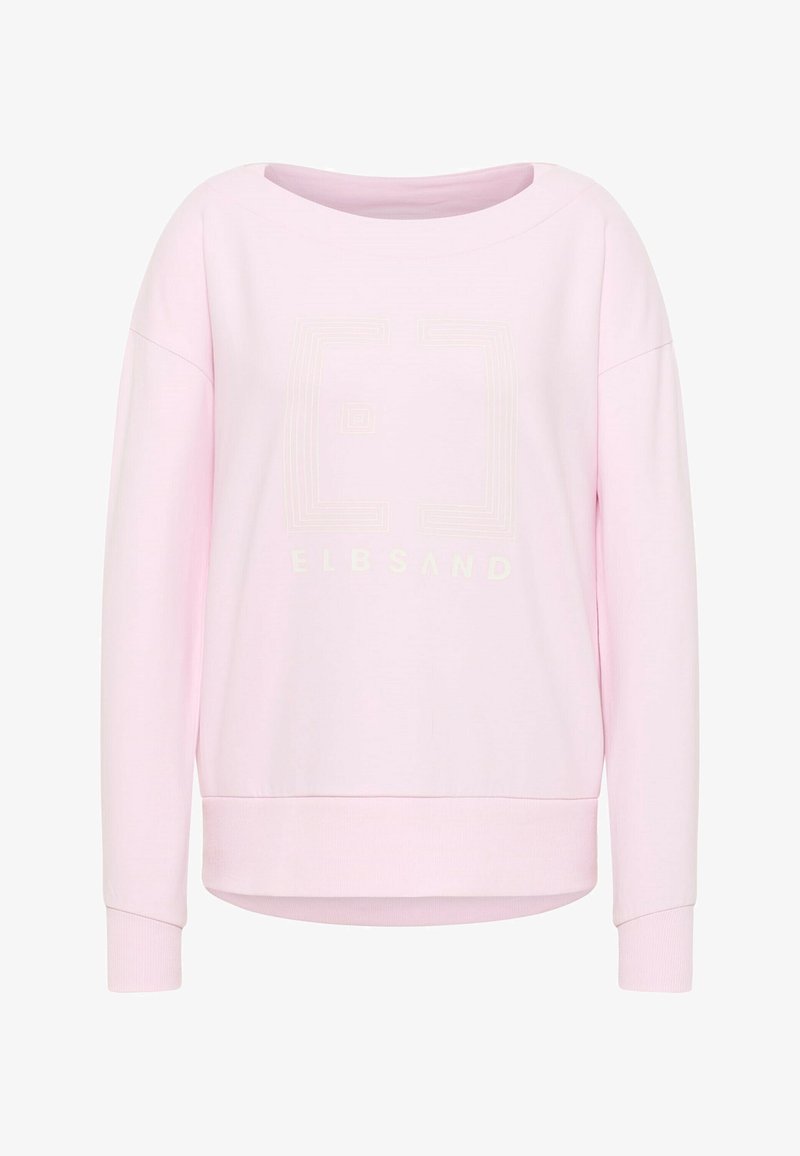 Sweat-shirt rose clair à manches longues avec épaules tombantes et texte subtil "ELBSAND" accompagné d'un motif géométrique sur le devant.