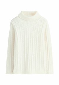 Pull en maille côtelée blanc avec col roulé, présentant un motif de tricot en relief, des manches longues et une coupe décontractée. Matière douce et chaude.