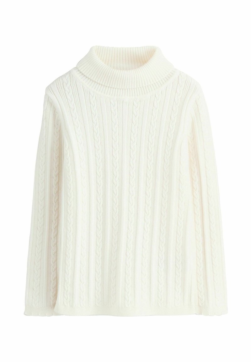 Pull en maille côtelée blanc avec col roulé, présentant un motif de tricot en relief, des manches longues et une coupe décontractée. Matière douce et chaude.