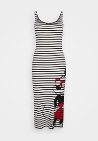 Robe midi sans manches à rayures noires et blanches, ornée d'un dessin graphique d'une souris de dessin animé portant des lunettes de soleil rouges et une jupe rouge.