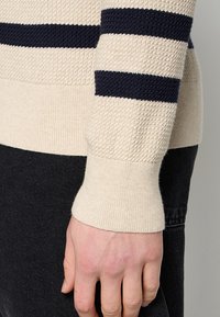 Maglione a maglia con texture, colore crema con strisce orizzontali blu navy. Maniche e orlo a costine, design aderente, che mostra il braccio e la mano.
