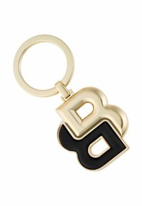 Gold-tone keychain featuring intertwined black and gold "B" letters. Smooth surface with a glossy finish, attached to a sturdy circular ring.