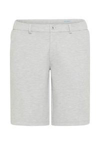 Shorts grigi con texture, dotati di chiusura con bottone, passanti per cintura e tasche laterali. Forma e design casual adatti per il clima caldo.