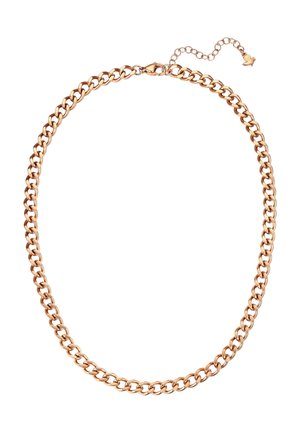 Collier chaîne en or rose avec maillons ovales et fermoir réglable avec un petit pendentif feuille sur fond blanc.