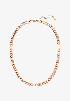 Collier chaîne en or rose avec maillons ovales et fermoir réglable avec un petit pendentif feuille sur fond blanc.
