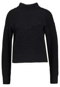 Pull noir à manches longues en tricot avec texture côtelée, col rond montant et motif en maille diagonale sur la poitrine et les manches.