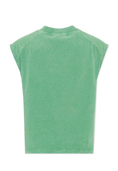 T-shirt vert à manches courtes et col rond, en tissu doux et texturé, avec une coupe décontractée, vu de dos sur un fond blanc.