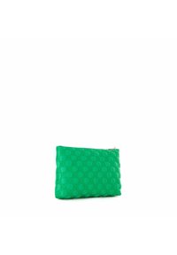 Clutch in silicone verde, forma rettangolare, presenta un motivo a nido d'ape testurizzato, chiusura con zip e profilo piatto. Accento stiloso per gli essenziali.