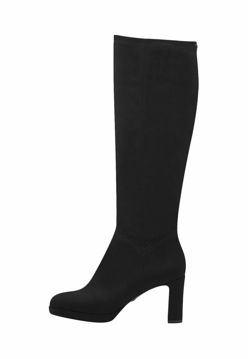 Botte noire montante jusqu'au genou avec un bout arrondi et un talon bloc de hauteur moyenne, texture lisse et détails subtils de couture.