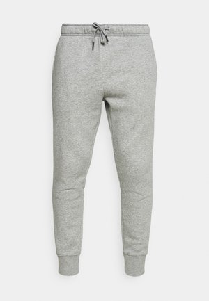 Grey jogger pants made of soft cotton blend fabric, featuring an elastic waistband with a drawstring and ribbed cuffs at the ankles.