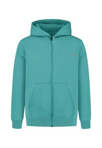 Sweat à capuche zippé intégral couleur turquoise avec poches avant et poignets côtelés, présenté sur fond blanc.
