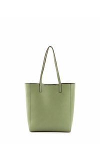 Sac fourre-tout en cuir vert avec deux poignées, forme rectangulaire, texture lisse et design minimaliste sans accents ou motifs supplémentaires.