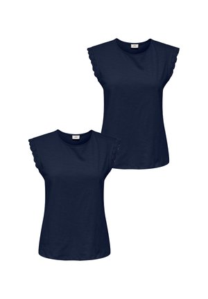 Navy blue short-sleeve t-shirts featuring scalloped lace accents on shoulders, smooth texture, and round neckline; two identical shirts shown.