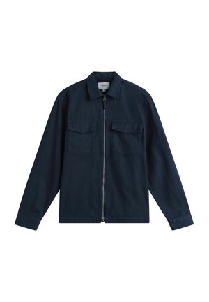 Dunkelmarineblaue Langarmjacke mit Frontreißverschluss, zwei Brustklappentaschen und klassischem Kragen vor weißem Hintergrund.