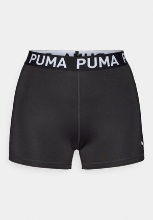 Zwarte sportieve shorts gemaakt van rekbaar materiaal met een brede zwarte tailleband met witte "PUMA" branding. Gladde textuur, aangesloten ontwerp.