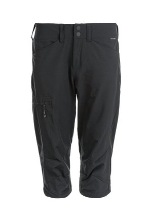 Zwarte cargobroek met twee knopen in de taille, zijzak met rits en rechte pijpen. Gemaakt van lichtgewicht, flexibel materiaal.