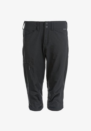 Zwarte cargobroek met twee knopen in de taille, zijzak met rits en rechte pijpen. Gemaakt van lichtgewicht, flexibel materiaal.
