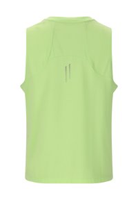 Ärmlös limegrön träningslinne gjort av slät tyg, med en baksida som har reflekterande vertikala ränder för synlighet.