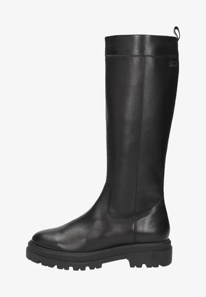 Black leather knee-high boots with a smooth finish, rounded toe, textured rubber sole, and minimalistic design. Reinforced heel and pull tab.