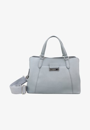 Sac à main en cuir gris clair avec deux poignées courtes, une bandoulière amovible et une petite poche avant avec un fermoir en métal.