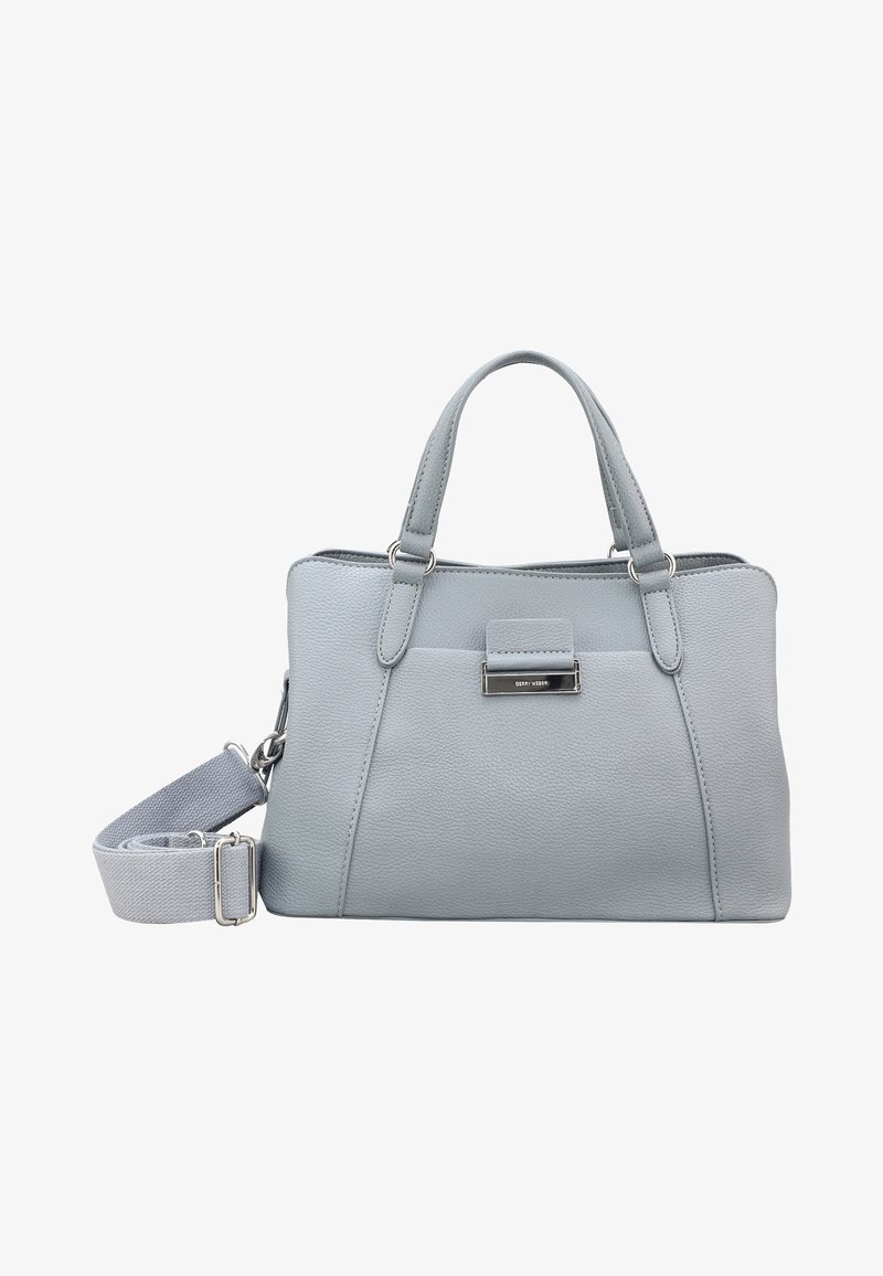 Sac à main en cuir gris clair avec deux poignées courtes, une bandoulière amovible et une petite poche avant avec un fermoir en métal.