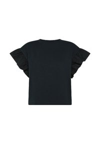 Top corto nero a maniche corte con dettagli in tessuto arricciato neri sulle maniche, colletto rotondo semplice e vestibilità morbida.