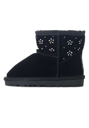 Schwarze Wildlederstiefelette mit dekorativen Kristallelementen, strukturiertem Obermaterial und flacher Gummisohle. Sie verfügt über eine runde Zehenpartie und gesteppten Nähten.
