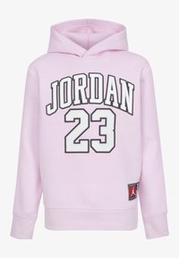 Felpa con cappuccio rosa con "JORDAN" e "23" stampati in bianco e nero. Polsini e orlo a coste, con una patch del logo nella parte inferiore.