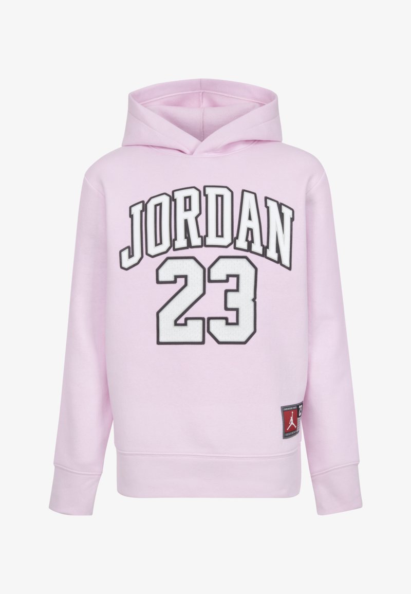 Ροζ φούτερ με κουκούλα, με το "JORDAN" και "23" τυπωμένα σε μαύρο και λευκό. Ριμπένια μανίκια και στρίφωμα, με λογότυπο στο κάτω μέρος.