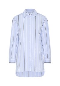 Camicia a maniche lunghe di colore azzurro chiaro con strisce verticali bianche e blu scuro, chiusura a bottoni, colletto a punta e orlo curvo.