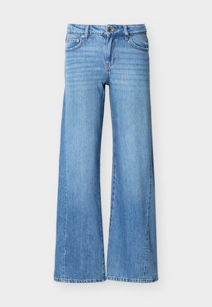 Lyseblå denimjeans med høy midje, knapp- og glidelåslukking, frontlommer og vide ben.