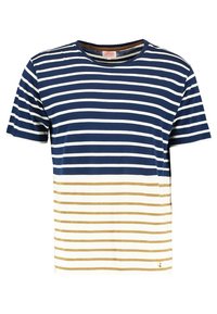 Pruhované tričko s krátkým rukávem, s horizontálními pruhy v námořnické modré, bílé a světle hnědé barvě. Bavlněný materiál; kulatý výstřih.