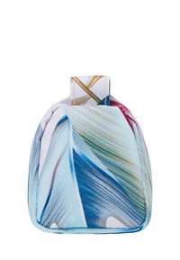 Beauty case con zip con un design astratto blu e colorato. Realizzata in tessuto testurizzato, presenta una robusta maniglia superiore per un facile trasporto.