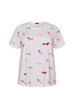 Hvid kortærmet skjorte med mønster af tegneseriegravhund i flere farver: rød, gul, blå, pink og sorte striber, rund halsudskæring.