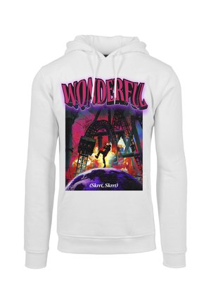 Weißer Hoodie mit einem lebhaften grafischen Druck, der den Text "WUNDERBAR" in Pink zeigt, und einer bunten kosmischen Szene darunter.
