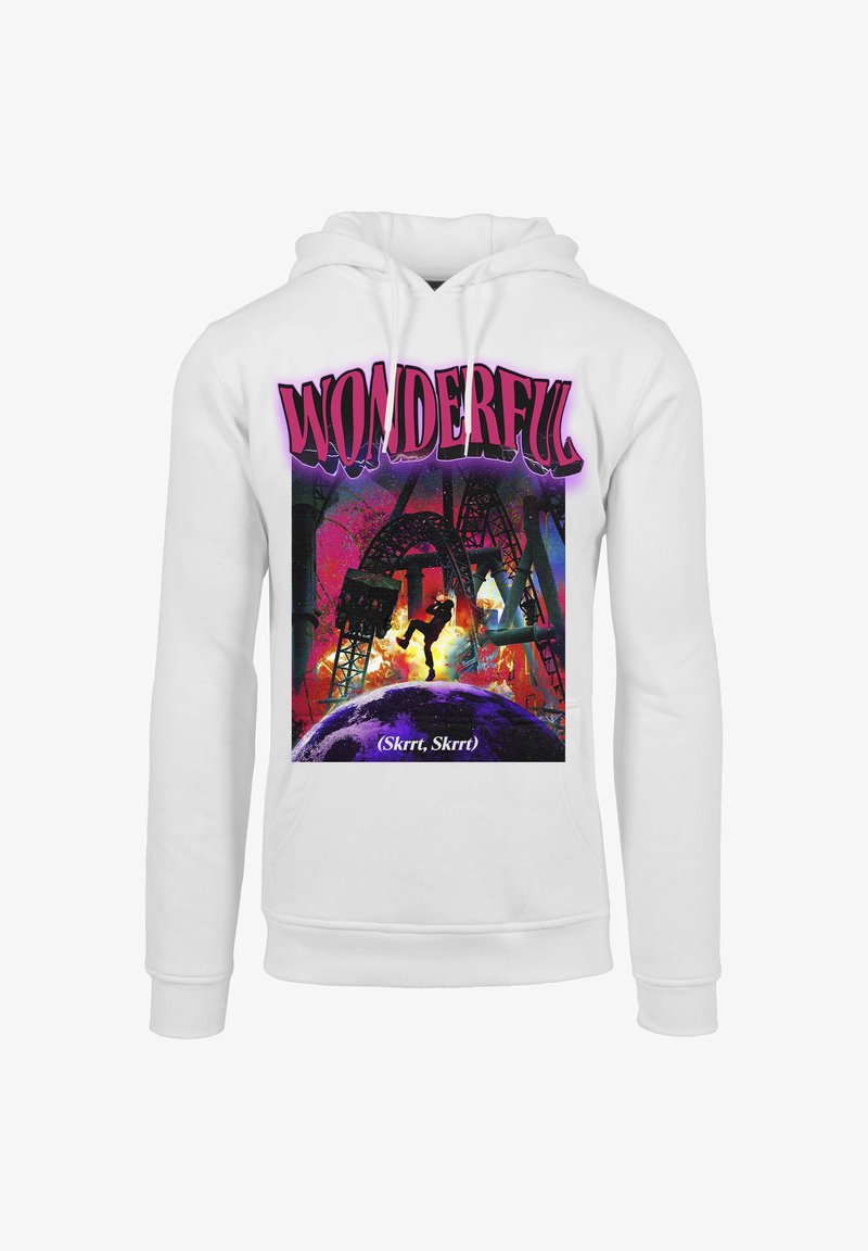 Fehér kapucnis pulóver, élénk grafikával, a "WONDERFUL" felirattal rózsaszínben és egy színes kozmikus jelenettel alatta.