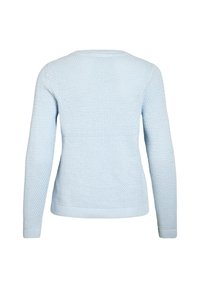 Φωτεινό γαλάζιο πλεκτό πουλόβερ με υφή, μακριά μανίκια και ριμπ τελείωμα και μανσέτες. Η πίσω όψη παρουσιάζει λαιμόκοψη σε σχήμα σέλας.