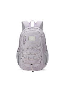 Zaino leggero viola chiaro con una tasca anteriore con zip, tasche laterali in rete e dettagli in cordino elastico sul davanti. Spallacci imbottiti e regolabili.