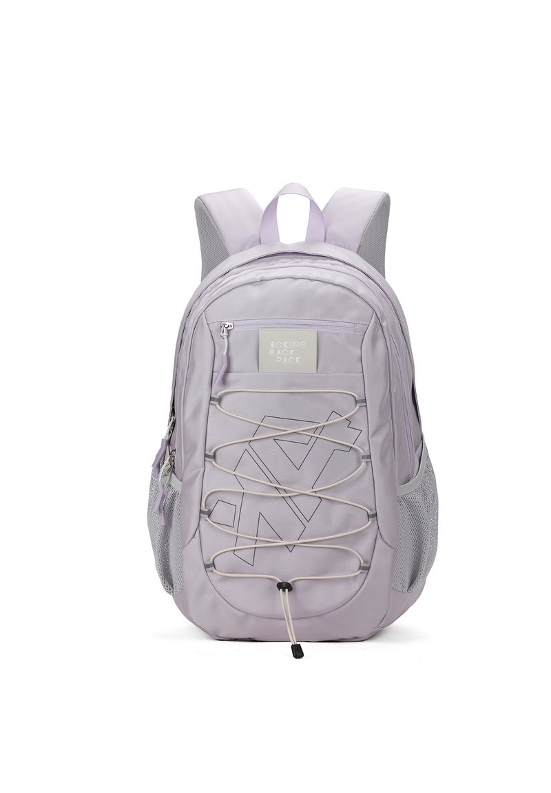 Zaino leggero viola chiaro con una tasca anteriore con zip, tasche laterali in rete e dettagli in cordino elastico sul davanti. Spallacci imbottiti e regolabili.