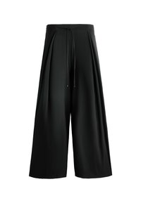 Schwarze Culotte-Hosen mit einem gerafften Taillenzug, breiten Beinen und dezenten Falten für eine lockere Passform. Hergestellt aus leichtem Stoff.