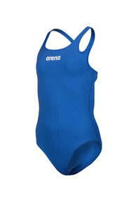 Modré jednodílné plavky s tenkými ramínky, vyrobené z hladkého a elastického materiálu. Obsahují logo na hrudi a mají klasický design plavek.