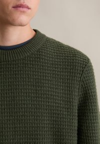 Dunkelgrüner gestrickter Pullover mit strukturiertem Muster und geripptem Rundhalsausschnitt, über einem navyfarbenen Hemd darunter getragen.