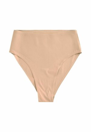 Bežs augstā jostas vidukļa bikini apakšdaļa ar gludu tekstūru, vidēja pārklājuma pakāpi un tīrām līnijām. Nav redzamu rakstu vai metāla detaļu.