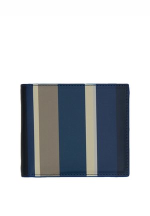 Portafoglio con strisce orizzontali in tonalità di blu, grigio e beige. Realizzato in materiale liscio con un profilo sottile e bordi cuciti.