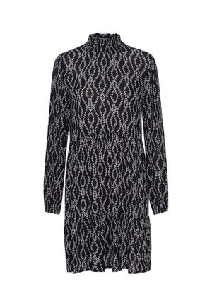Robe noire à manches longues avec col haut et motif ondulé de feuilles blanches sur toute la surface, dotée d'une taille légèrement froncée et d'une jupe courte.