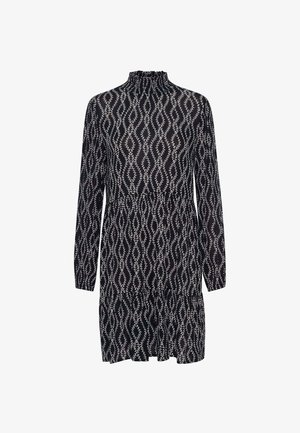 Robe noire à manches longues avec col haut et motif ondulé de feuilles blanches sur toute la surface, dotée d'une taille légèrement froncée et d'une jupe courte.