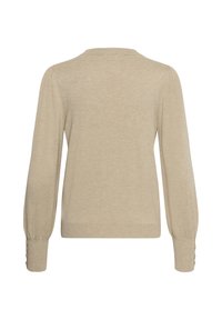 Pull beige à manches longues avec épaules bouffantes et détails de boutons aux poignets, vu de dos.