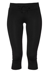 Czarne leginsy capri wykonane z gładkiego, elastycznego materiału. Posiadają elastyczny pas ze sznurkiem i dopasowany krój, kończący się tuż poniżej kolana.