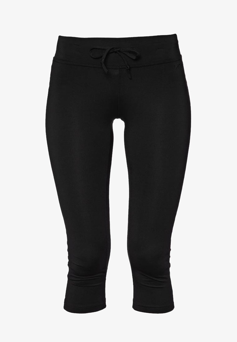 Czarne leginsy capri wykonane z gładkiego, elastycznego materiału. Posiadają elastyczny pas ze sznurkiem i dopasowany krój, kończący się tuż poniżej kolana.