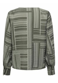 Camicia verde a maniche lunghe con tessuto testurizzato caratterizzato da motivi lineari bianchi. Include polsini con bottoni e un design dal fit rilassato.